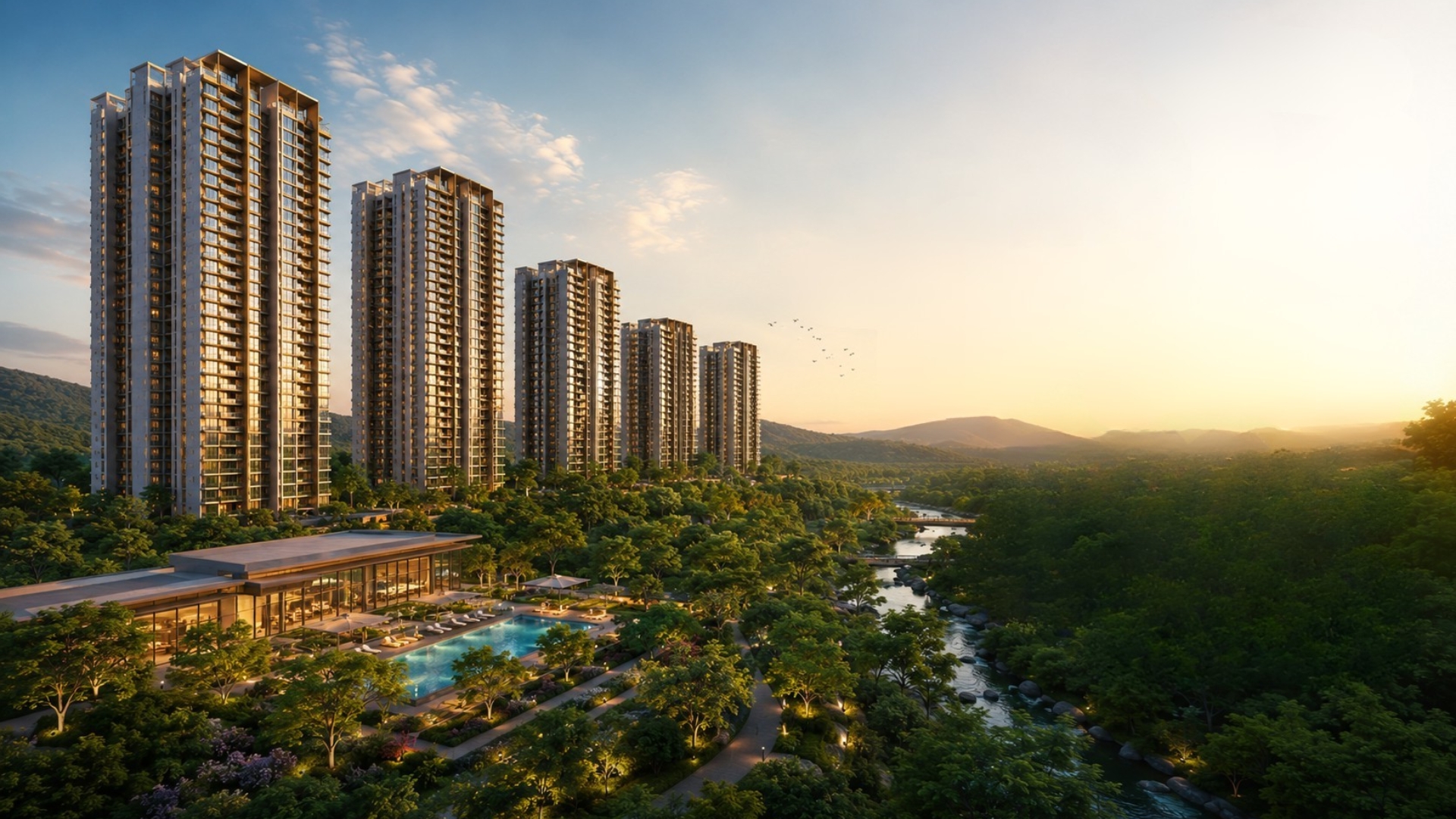 Godrej Vanantara — exterior elevation with landscaped central greens and towers